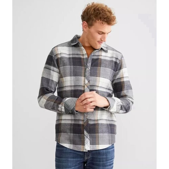 DEPARTWEST FLANNEL SHIRT BUCKLE BKE MENS L BUTTON UP PLAID CHARCOAL GOLD DW135CA - Picture 3 of 13